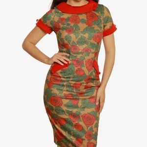 Lindy Bop 1950s Red Rose Print Pencil Dress XL